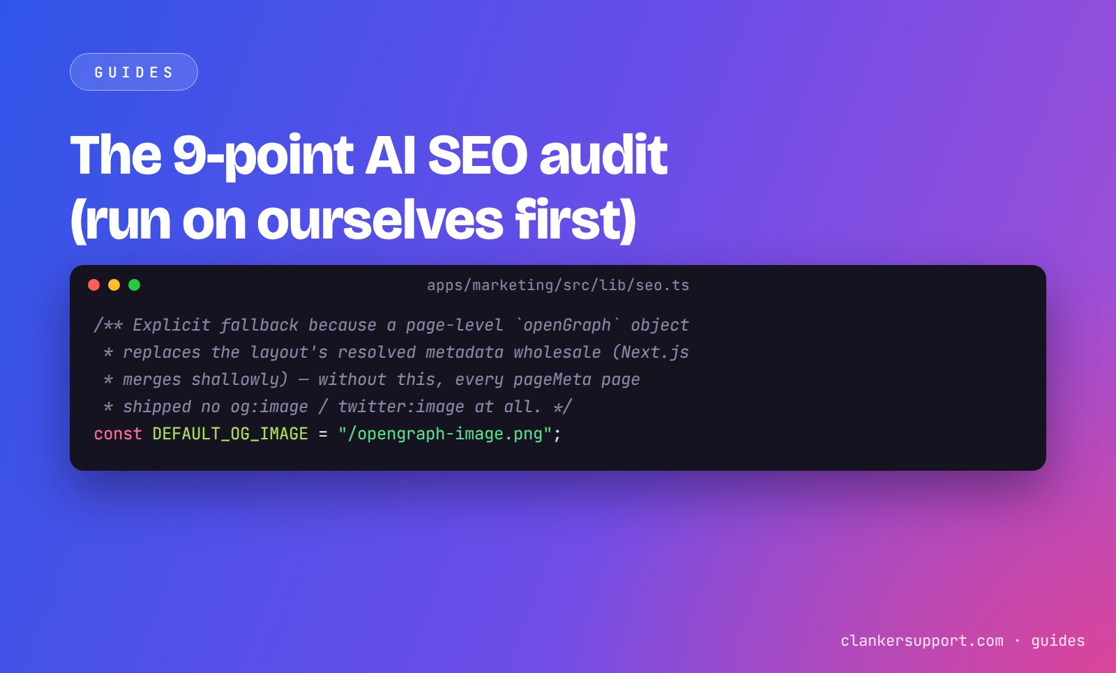 Dark code window on a violet gradient showing the DEFAULT_OG_IMAGE fix in seo.ts with its shallow-merge comment