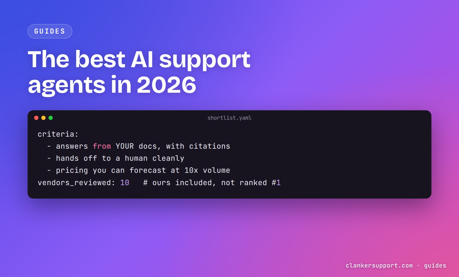 Shortlist criteria for AI support agents rendered as a YAML checklist in a dark code window on a violet gradient