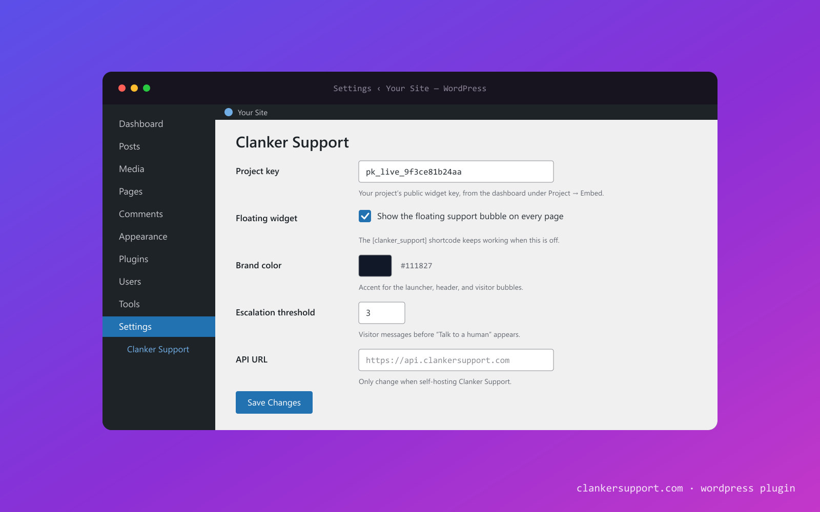The MovinSupport settings page in wp-admin: project key, floating widget toggle, brand color, escalation threshold, and API URL